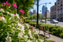 Ape su fiore in un parco urbano con strada, auto e palazzi sullo sfondo in una giornata di sole