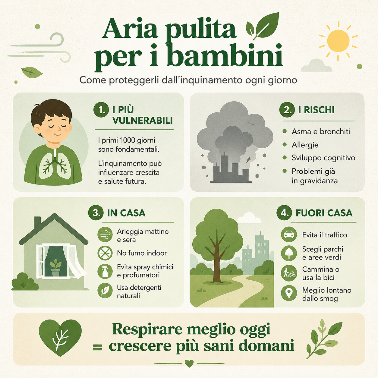 Infografica sull’inquinamento e bambini con consigli pratici per proteggere la salute: aria in casa, all’aperto e rischi per i più piccoli