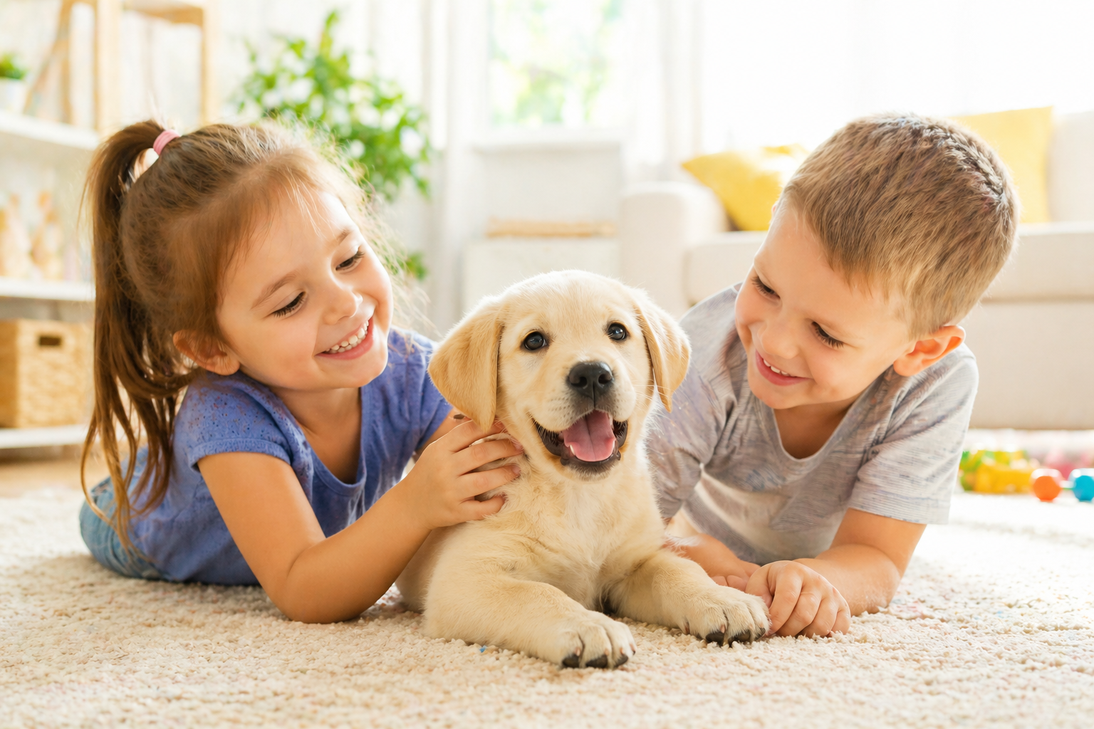 Bambini che giocano con un cucciolo di Labrador in un ambiente luminoso e naturale, scena positiva e gioiosa
