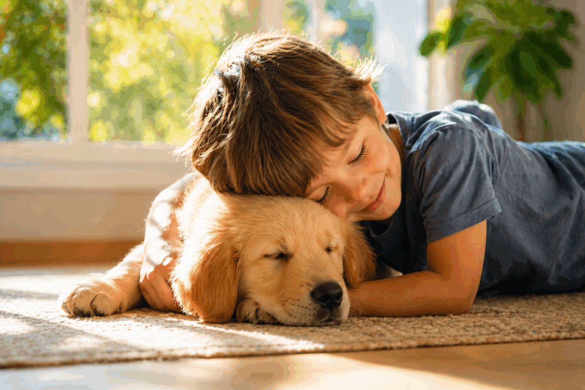 Bambini che giocano con un cucciolo di Labrador in un ambiente luminoso e naturale, scena positiva e gioiosa