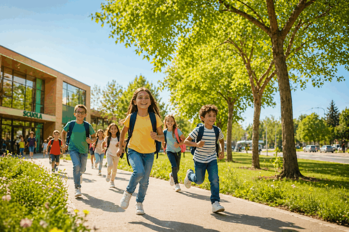 Bambini felici che escono da scuola e corrono in un’area verde con alberi e strada lontana, ambiente sano con poca esposizione allo smog