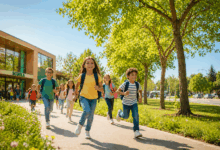 Bambini felici che escono da scuola e corrono in un’area verde con alberi e strada lontana, ambiente sano con poca esposizione allo smog