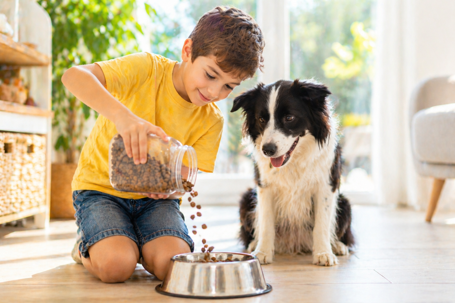 Bambino che versa croccantini nella ciotola del suo Border Collie in un ambiente luminoso e domestico, scena positiva e naturale