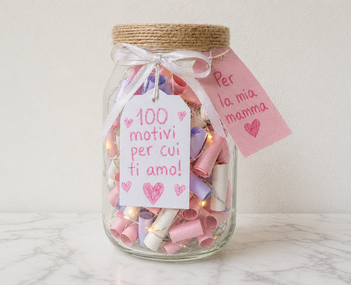 Barattolo regalo fai da te per la Festa della Mamma con bigliettini colorati e scritta “100 motivi per cui ti amo” fatto a mano da un bambino