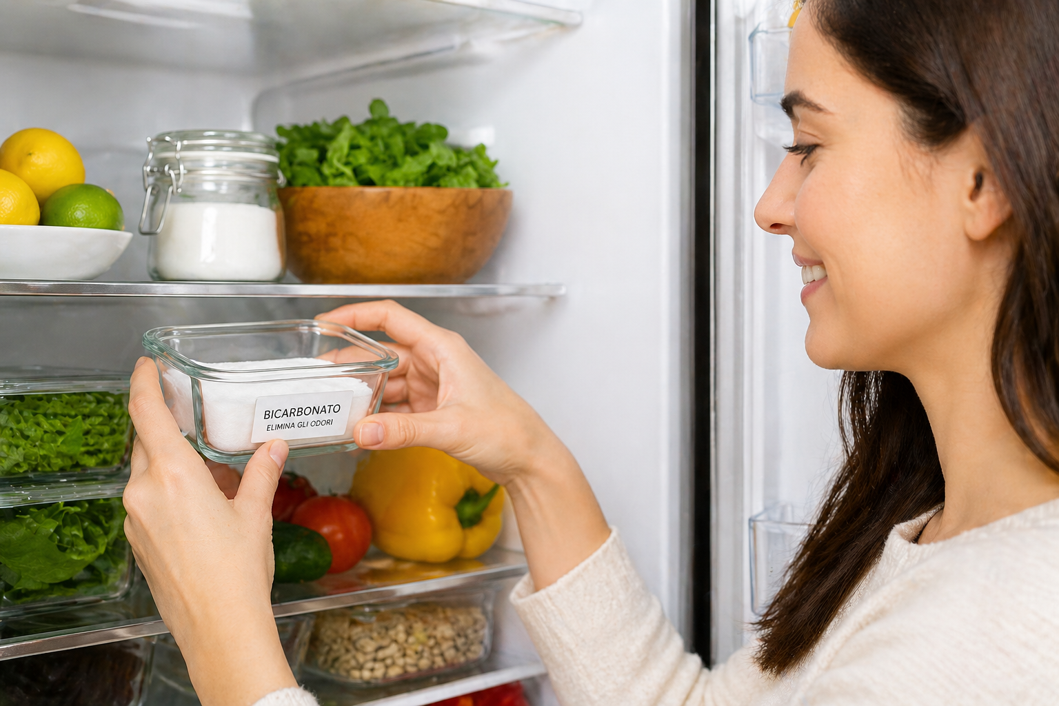 Donna che mette un contenitore di vetro con bicarbonato nel frigorifero per eliminare i cattivi odori in modo naturale
