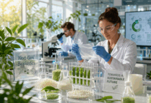 Scienziata in laboratorio analizza una nuova bioplastica biodegradabile in un ambiente luminoso e sostenibile con piante e strumenti scientifici