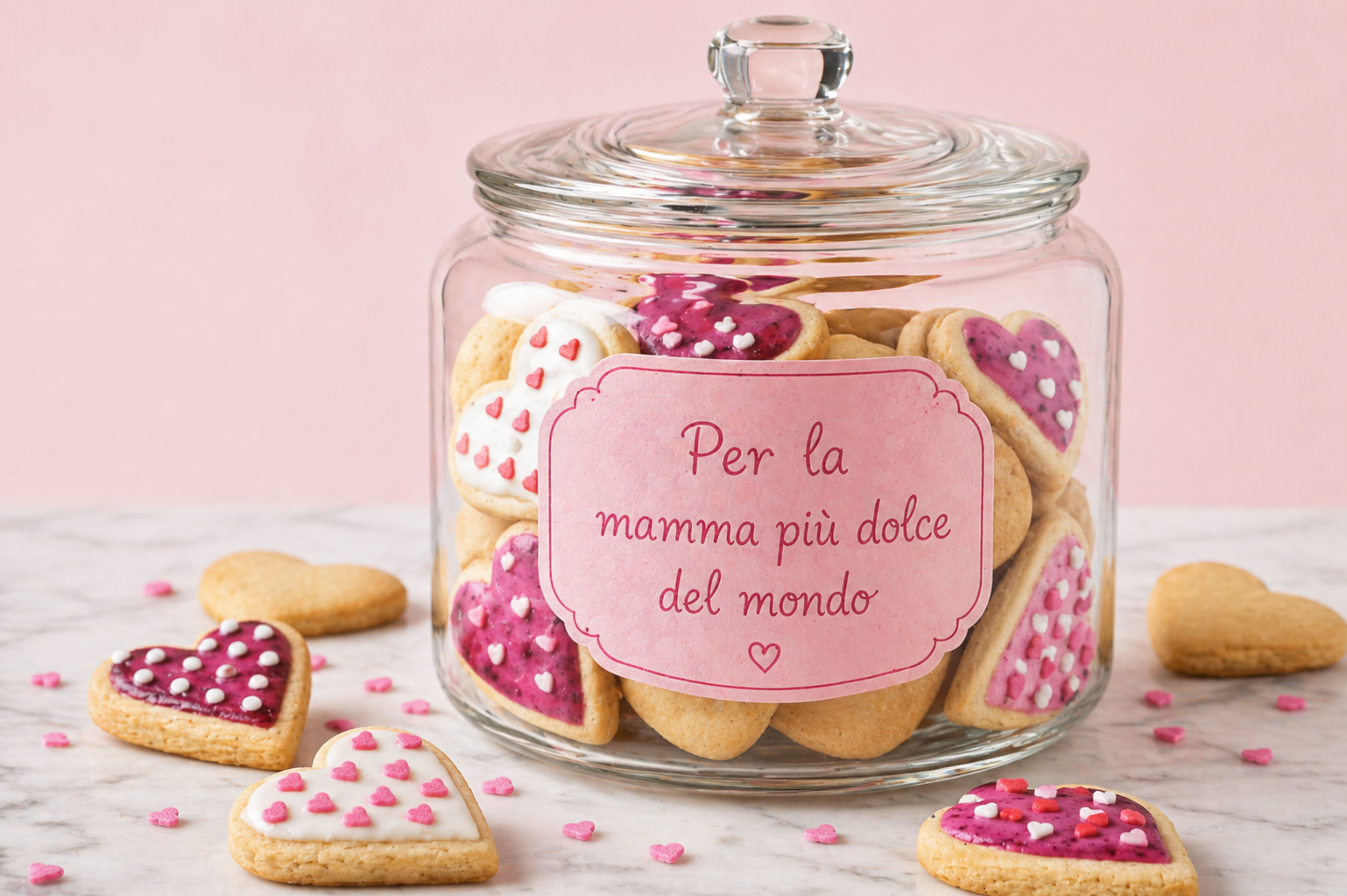 Barattolo di vetro con biscotti a forma di cuore e etichetta rosa con scritta fatta a mano da bambino “Per la mamma più dolce del mondo” su tavolo di marmo
