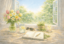 Illustrazione primaverile con fiori, quaderno e finestra aperta illuminata dal sole per la bucket list di aprile