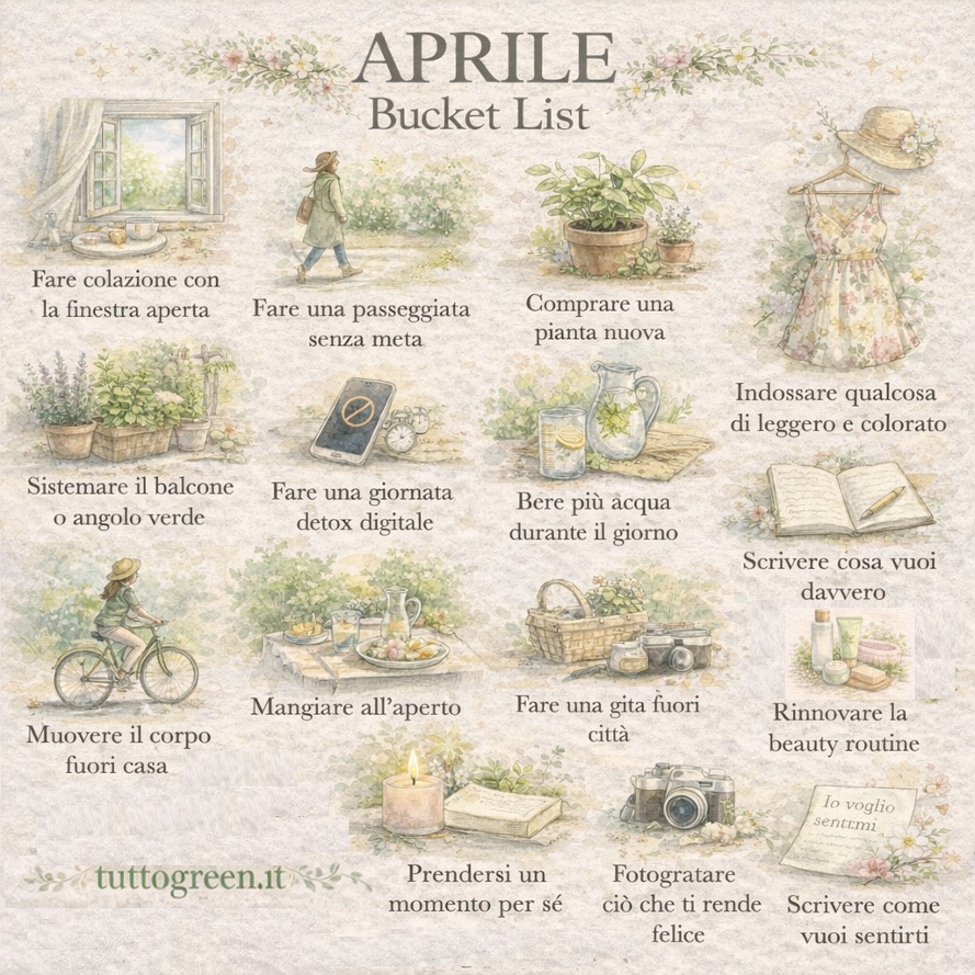Infografica illustrata con 15 idee per la bucket list di aprile tra natura, benessere e vita all’aria aperta.