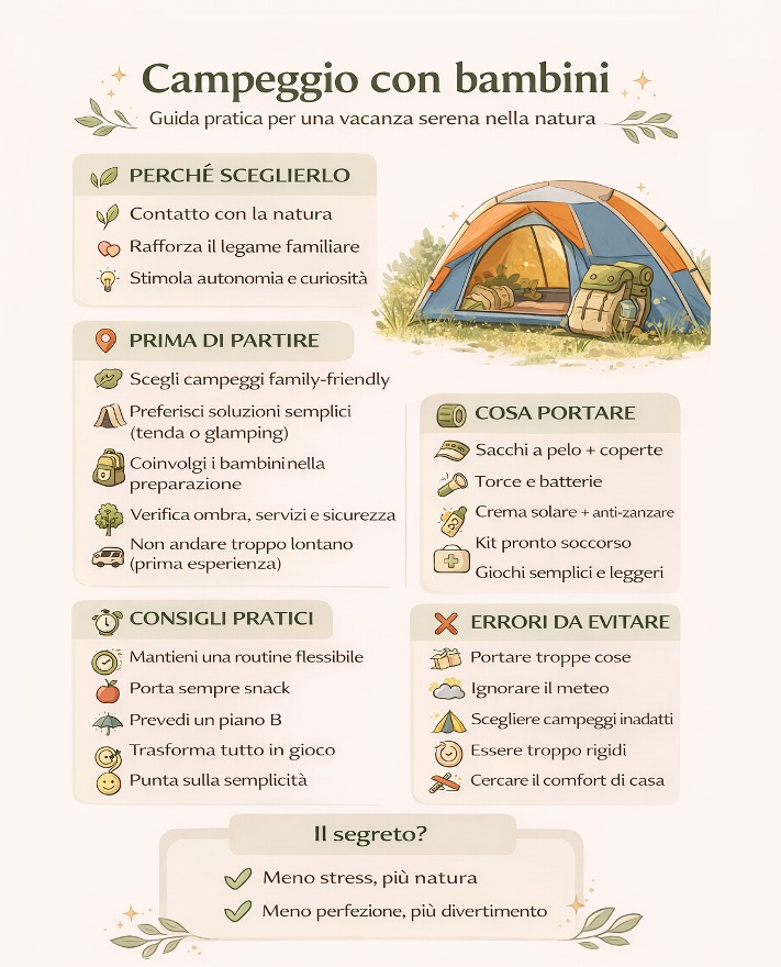 Infografica sul campeggio con bambini con consigli pratici, cosa portare ed errori da evitare per una vacanza serena in natura