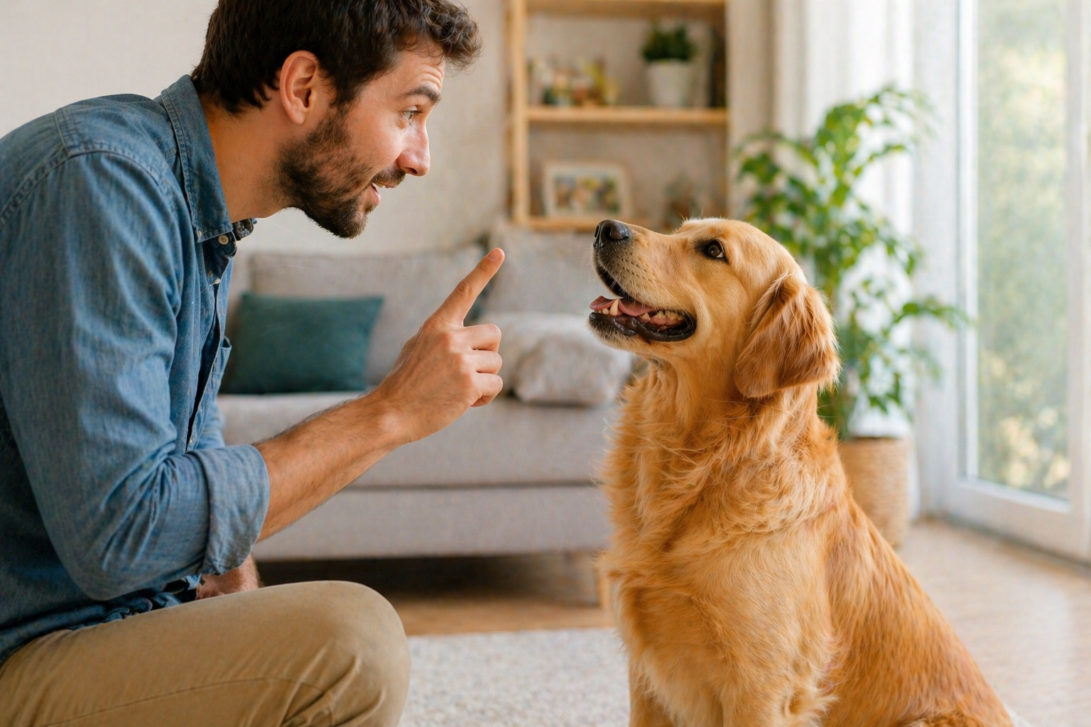Cane domestico che guarda attentamente il suo padrone mentre gli parla, in un ambiente luminoso e accogliente, segno di comunicazione e attenzione