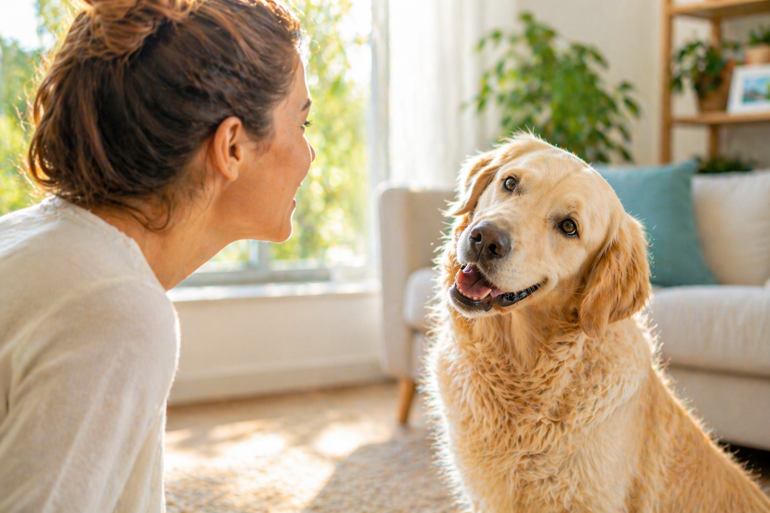 Cane che inclina la testa mentre ascolta una persona in un ambiente domestico luminoso, segno di attenzione e comunicazione con l’essere umano