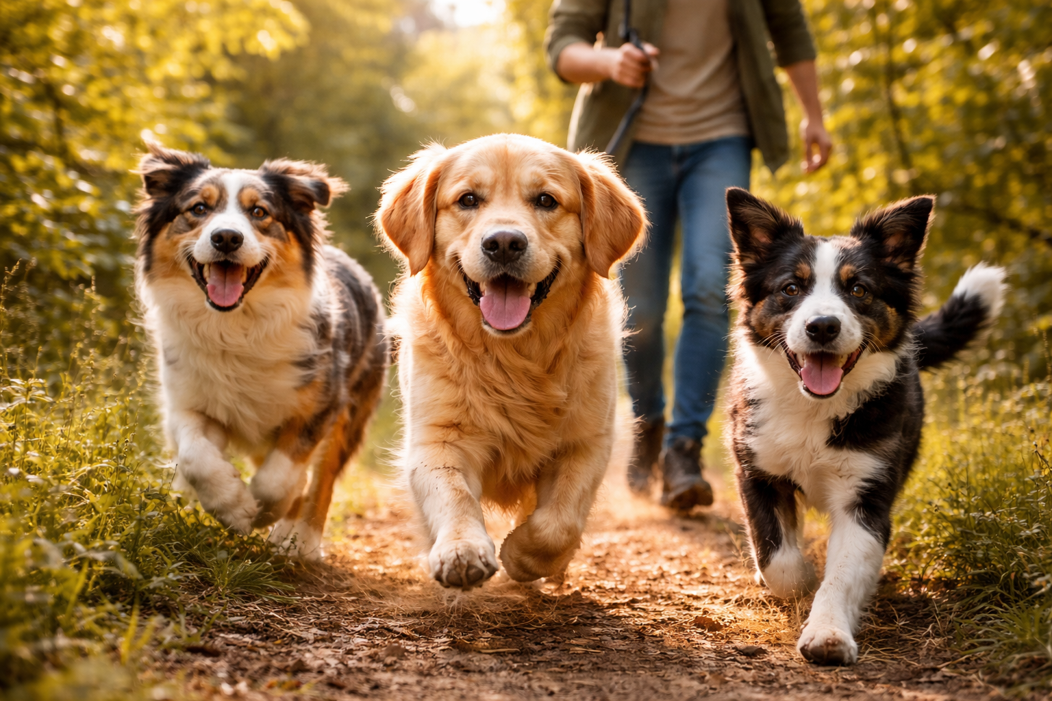Tre cani felici corrono insieme con il loro proprietario in un bosco illuminato dal sole, rappresentando l’istinto di branco