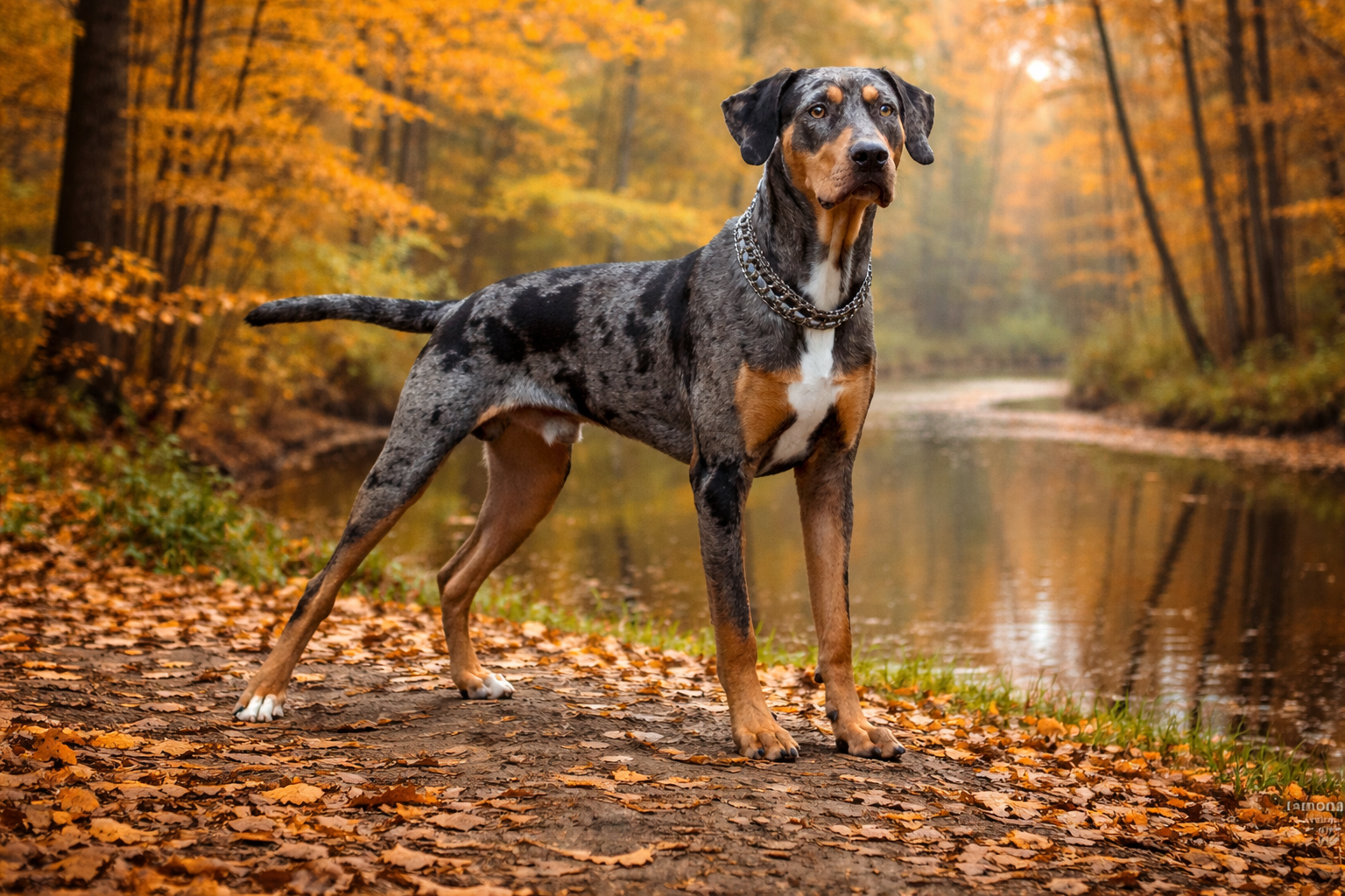 Cane Catahoula Leopard Dog in un bosco autunnale vicino a una palude con foglie arancioni