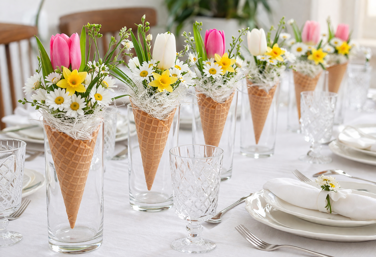 Centrotavola di Pasqua con coni decorativi riempiti con margheritine, tulipani e narcisi su tavola apparecchiata bianca
