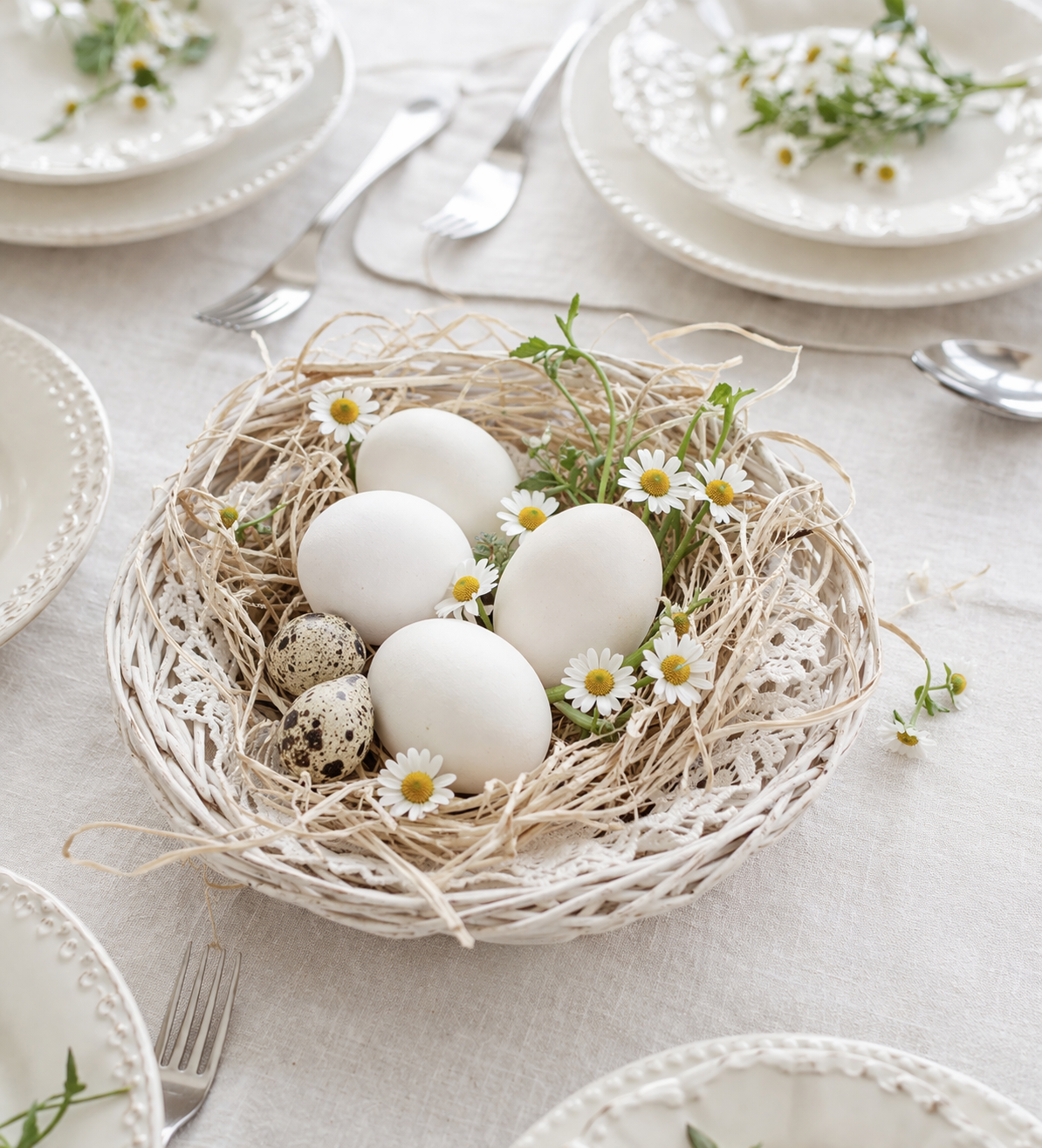 Centrotavola di Pasqua con uova e margheritine in nido su tavola apparecchiata con piatti bianchi e posate d’argento