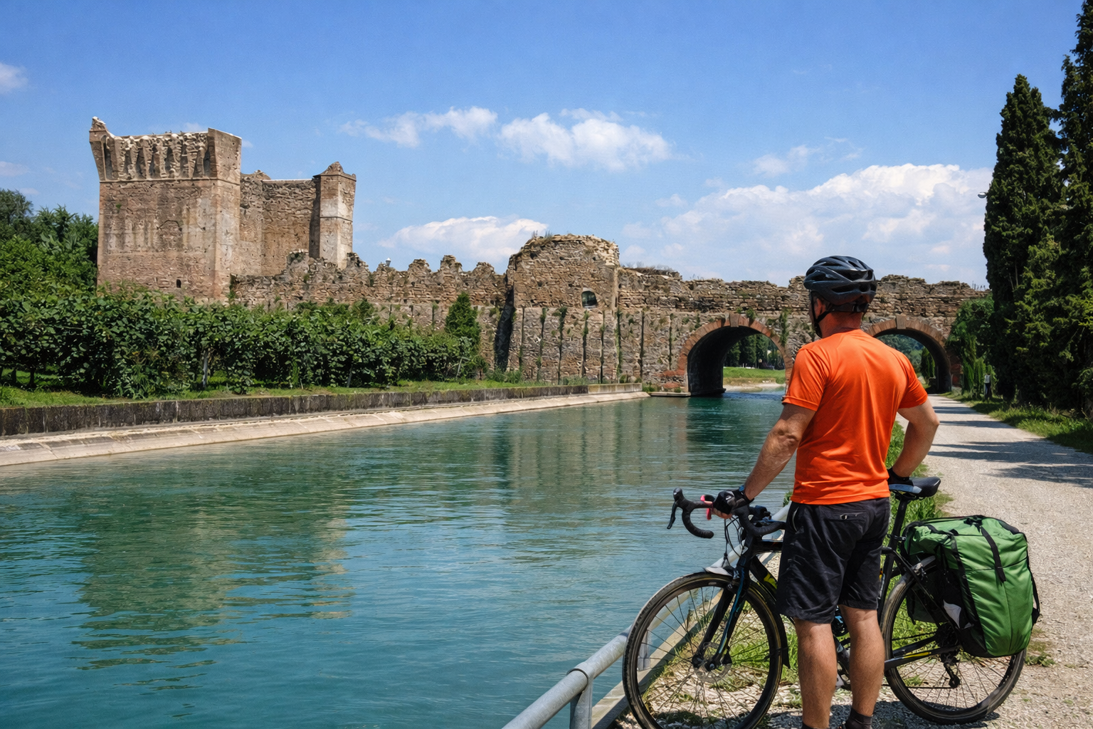 Ciclovia del Mincio con ciclotursita con bici da viaggio lungo pista ciclabile accanto a canale e castello storico in Italia