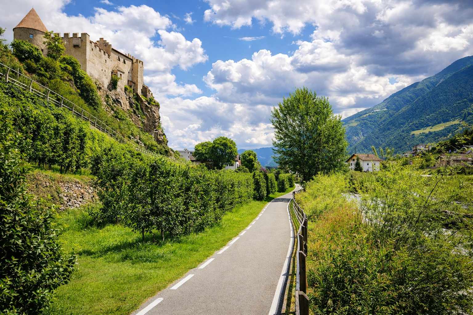 Ciclovia della Val Venosta in Alto Adige tra vigneti e castello medievale con montagne sullo sfondo