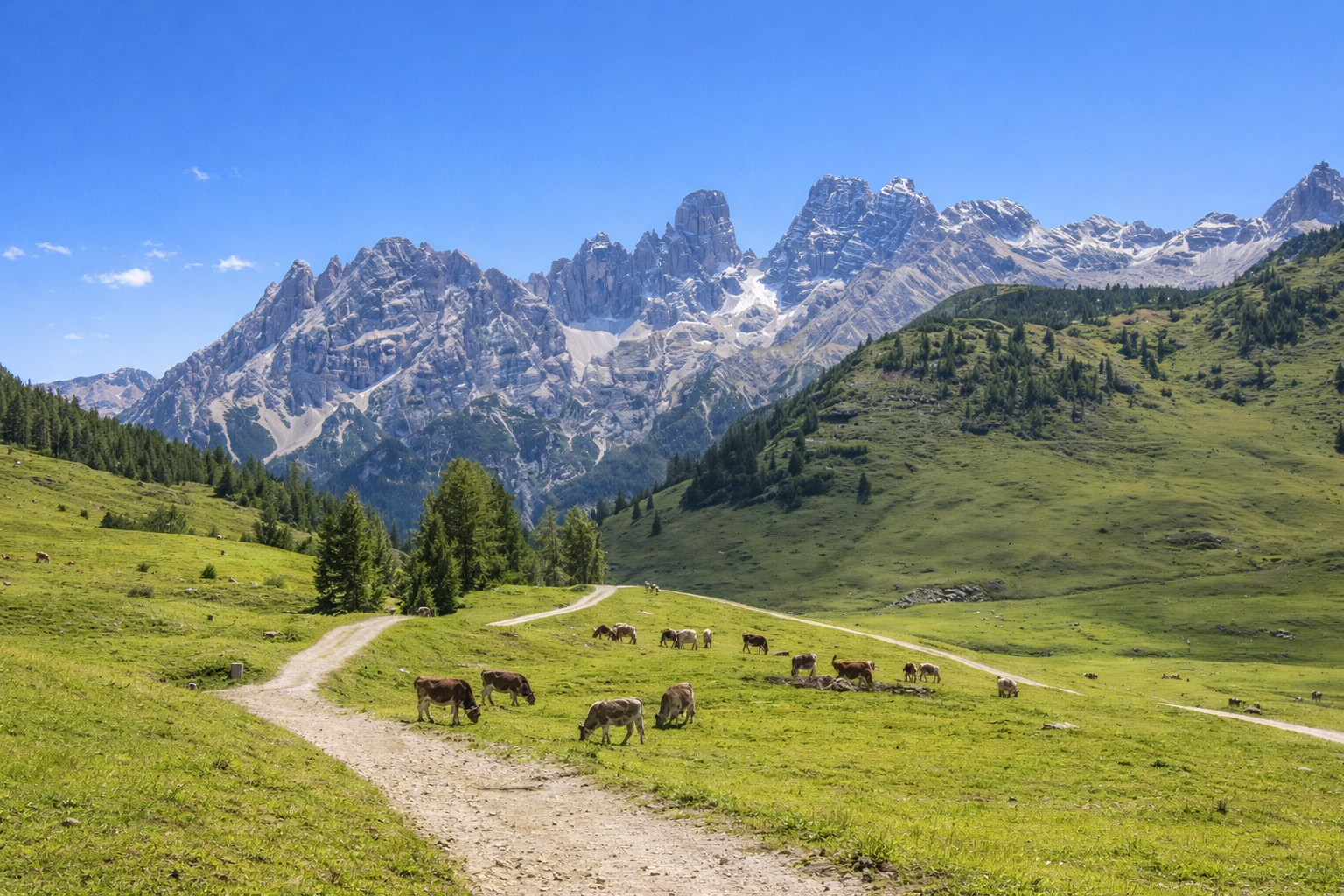 Sentiero ciclabile tra prati alpini con mucche al pascolo e montagne delle Dolomiti sotto cielo sereno