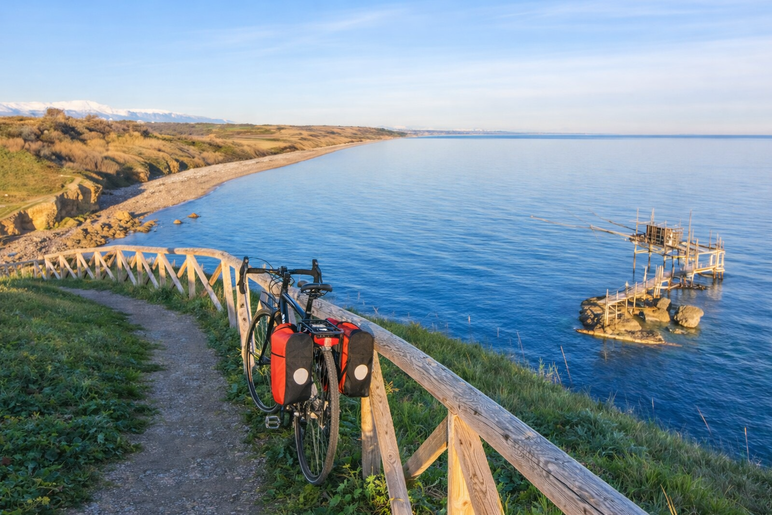 Bici da cicloturismo appoggiata su parapetto lungo la ciclovia tirrenica con vista mare