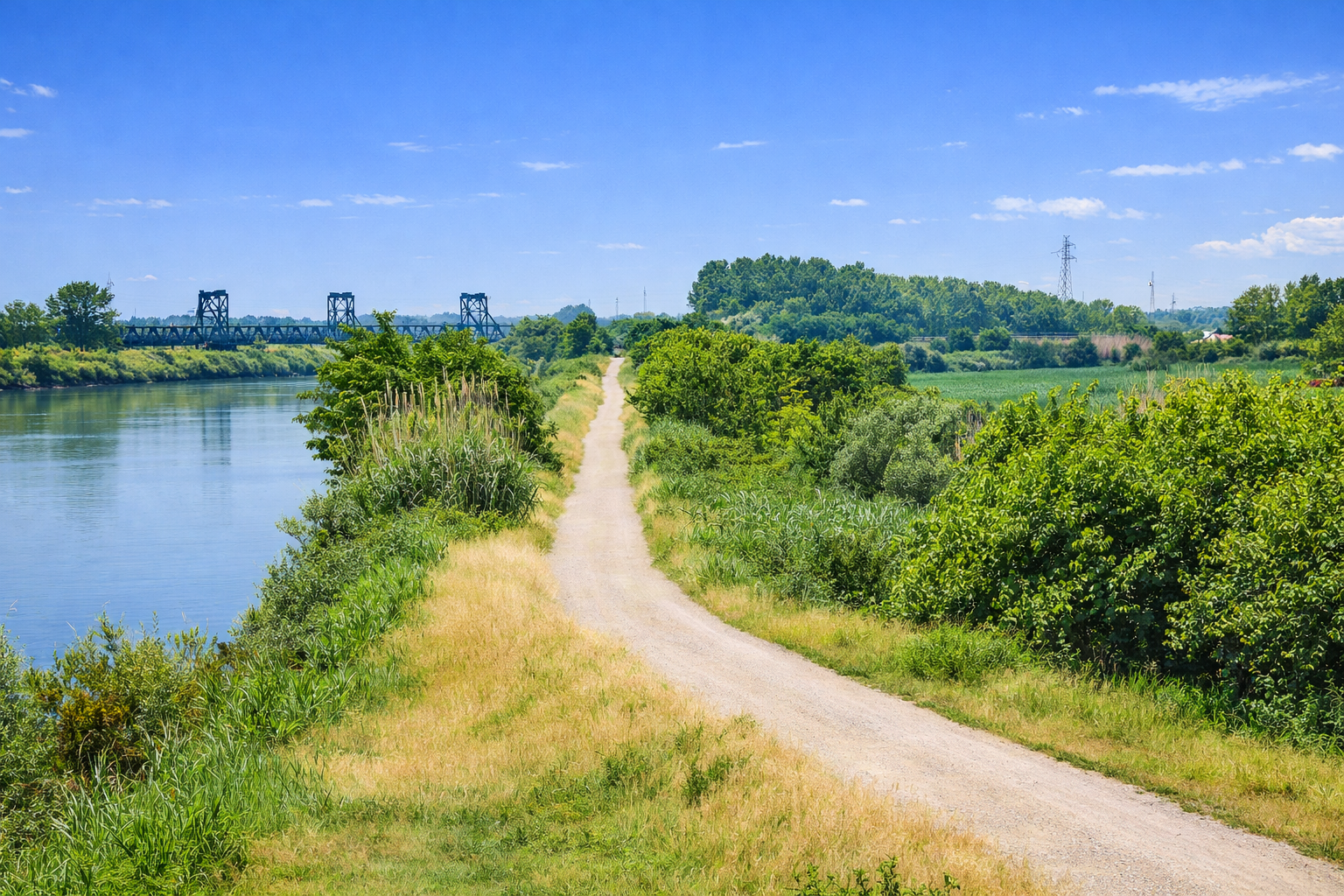 Paesaggio lungo la ciclovia VEN-TO con strada sterrata tra fiume e natura nella pianura del Po