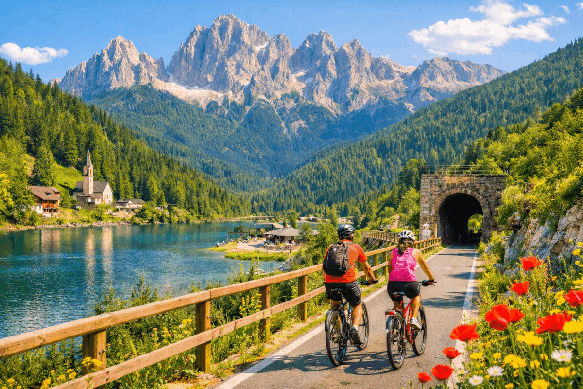 Coppia in bicicletta su pista ciclabile panoramica tra lago e montagne delle Dolomiti in Italia