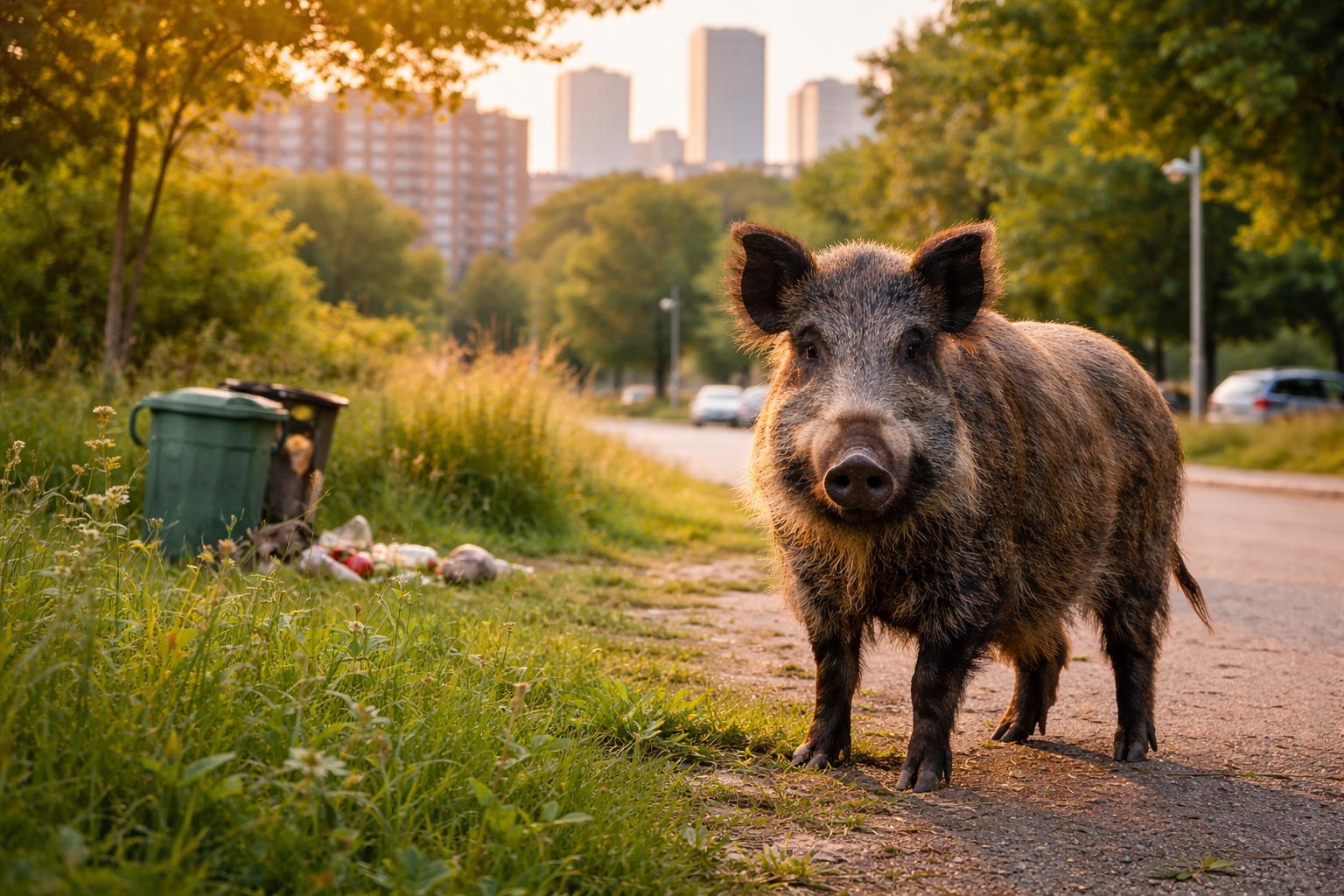Cinghiale vicino a una strada in area urbana con cassonetti e palazzi sullo sfondo