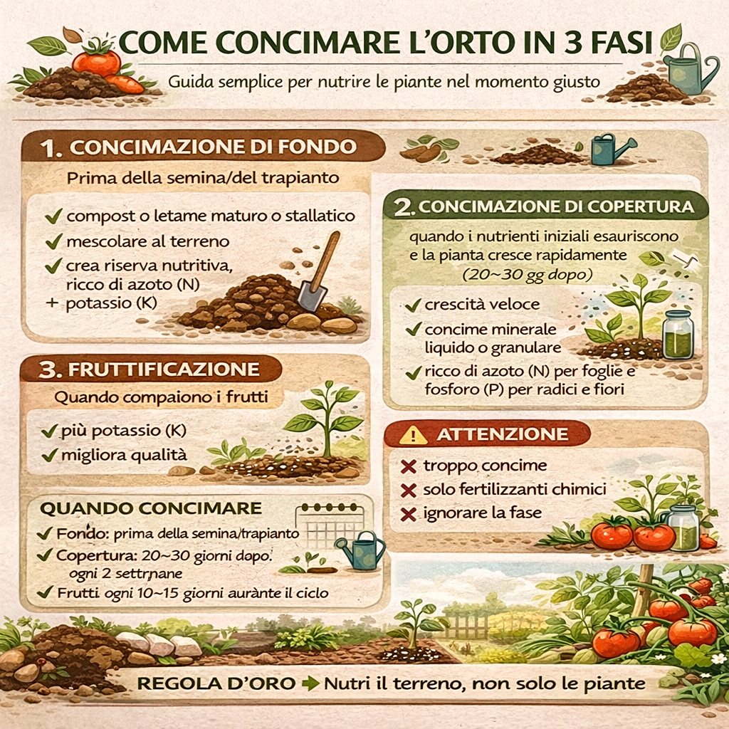 Infografica su come concimare l’orto in 3 fasi: fondo, copertura e fruttificazione con nutrienti NPK