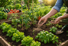 Mani che distribuiscono concime granulare su orto con pomodori, insalata e piante in crescita