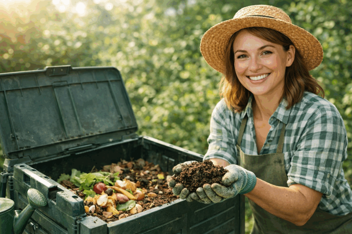 Persona che fa compost in casa con scarti vegetali e compostiera in giardino