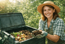 Persona che fa compost in casa con scarti vegetali e compostiera in giardino