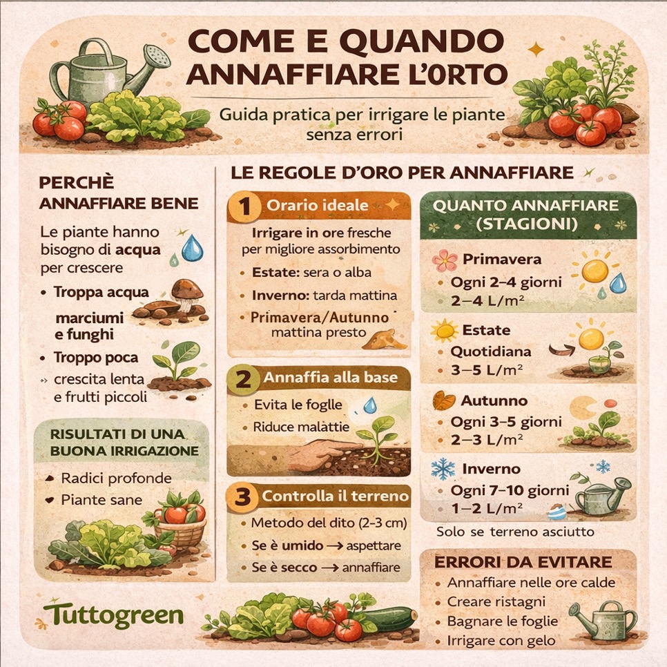Infografica su come e quando annaffiare l’orto con regole pratiche, frequenza stagionale e consigli per irrigare correttamente gli ortaggi