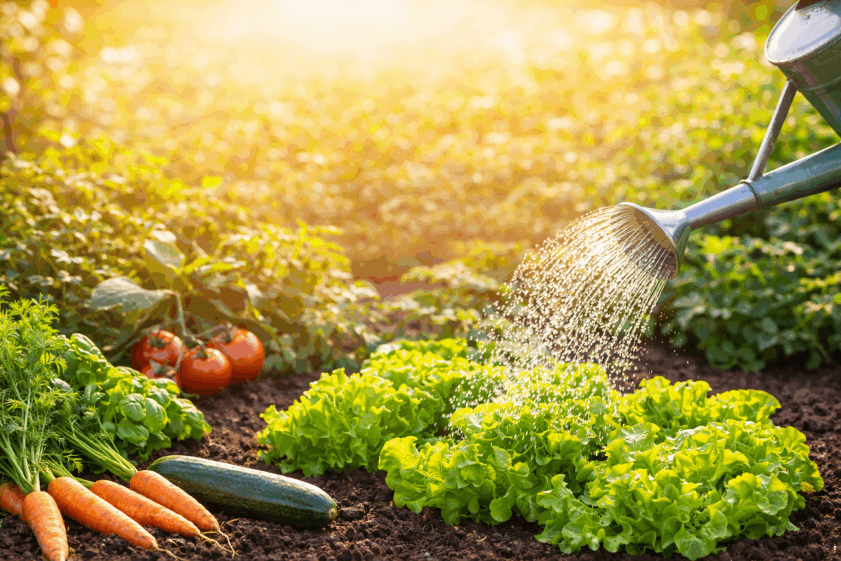 Orto soleggiato con annaffiatoio che irriga lattuga, pomodori, carote e zucchine in un ambiente luminoso e naturale