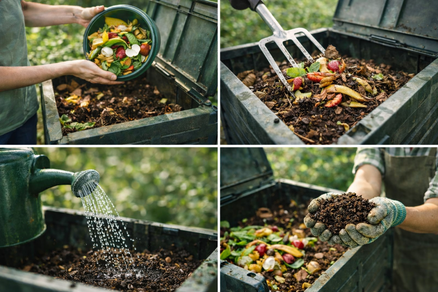Fasi del compostaggio domestico con raccolta scarti organici, aerazione e irrigazione del compost in compostiera