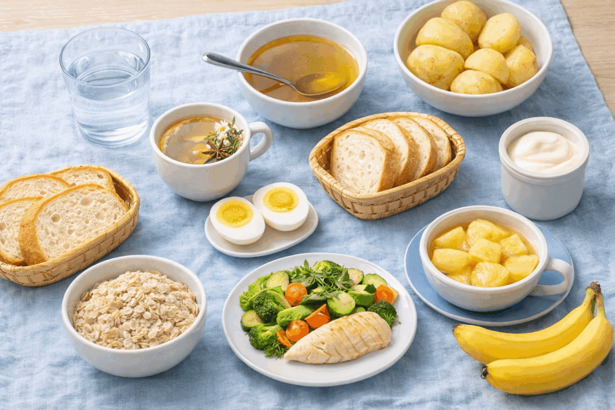 Tavola con alimenti consigliati per la diverticolite: acqua, tisana, brodo, patate lesse, pane bianco, yogurt, uova, verdure cotte, avena, mele cotte, banane e pesce magr