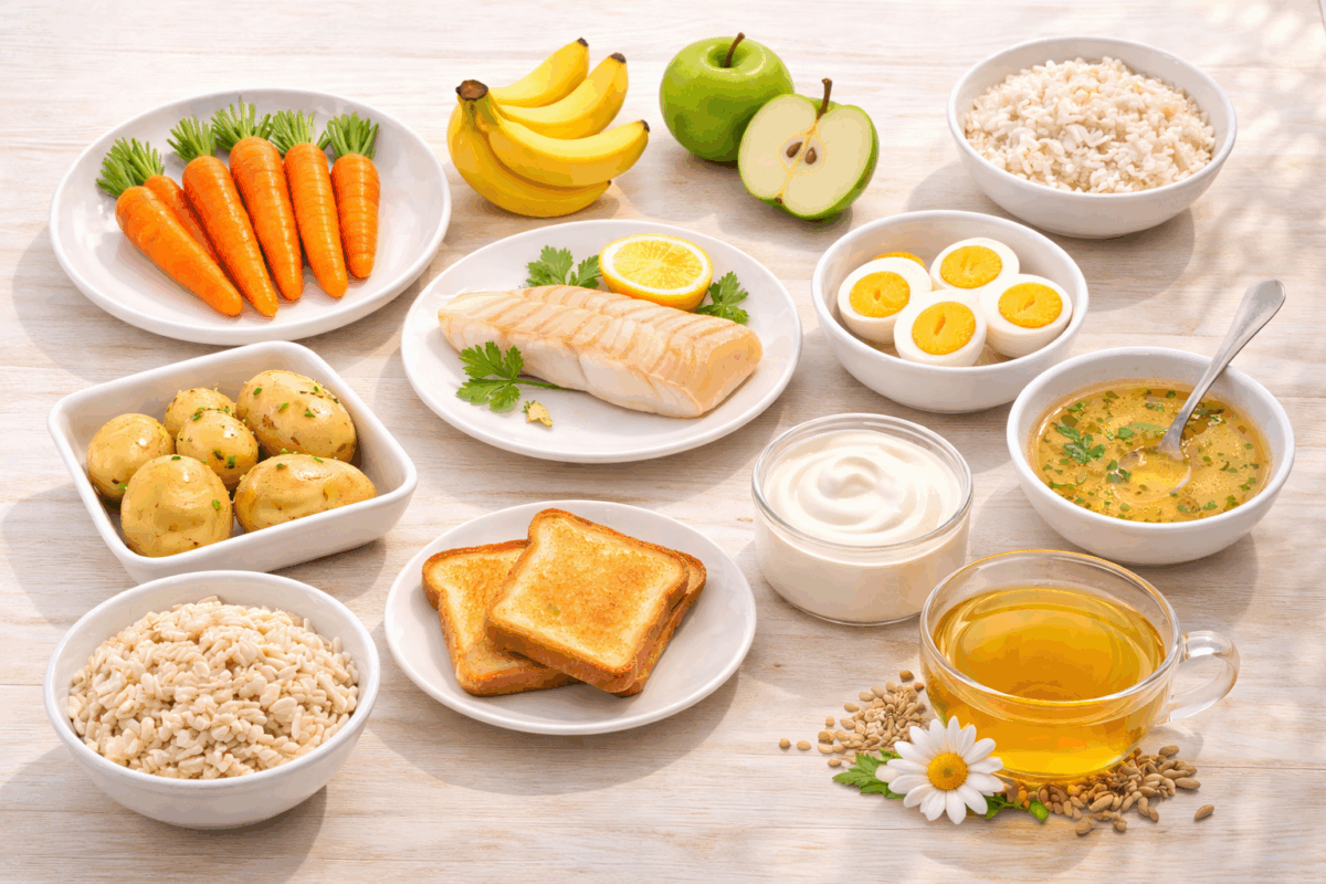 Tavola in stile flat lay con riso bianco, carote lesse, pesce al vapore con limone, uova sode, yogurt, patate, pane tostato, banane, mela cotta e tisana, alimenti utili per le feci molli