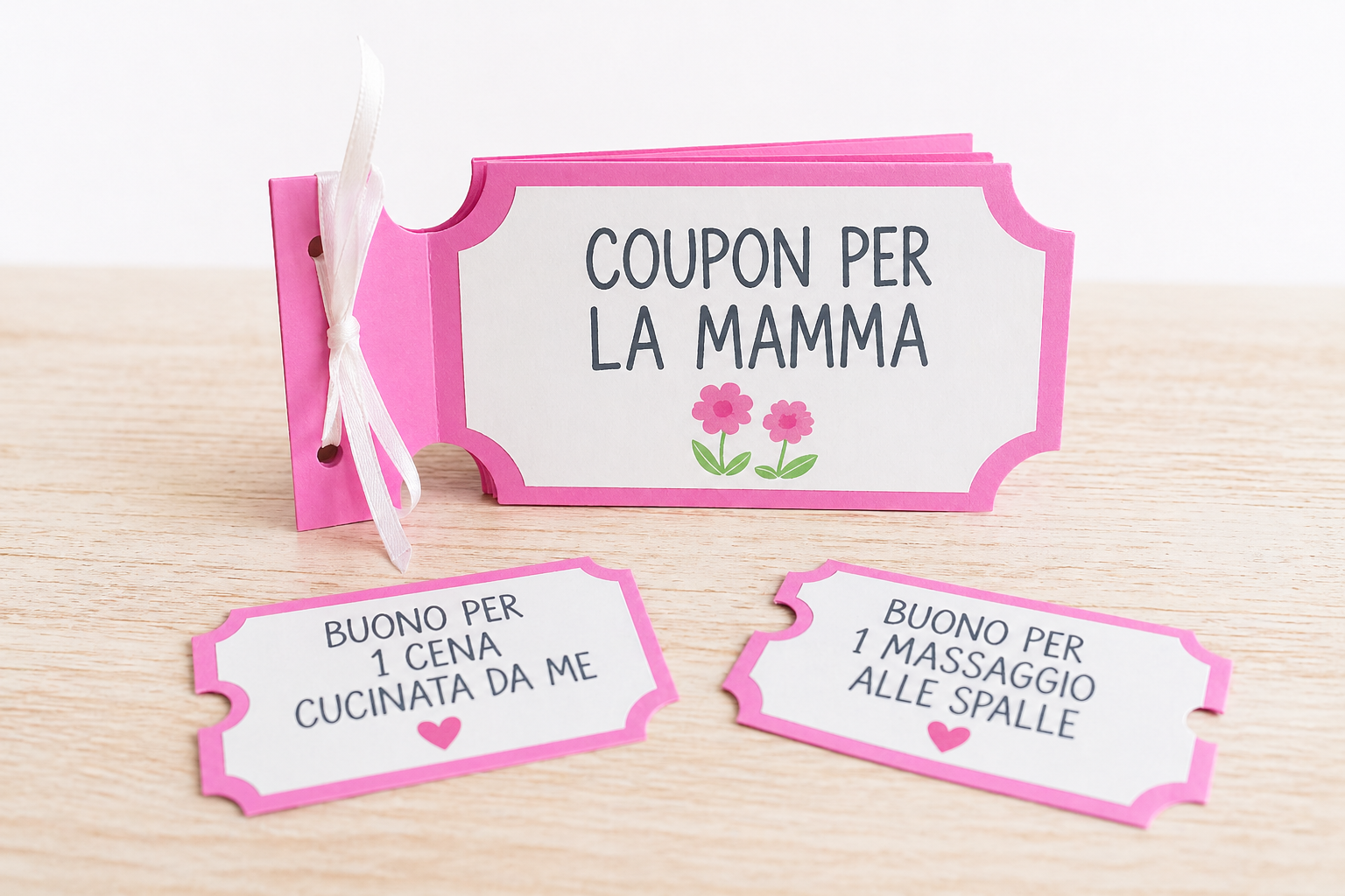 Coupon regalo fai da te per la mamma con buoni per cena cucinata e massaggio alle spalle su tavolo in legno chiaro