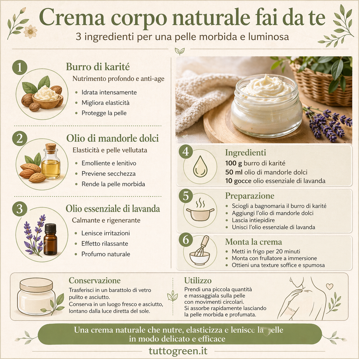 Infografica su come fare una crema corpo naturale fai da te con burro di karité, olio di mandorle dolci e olio essenziale di lavanda