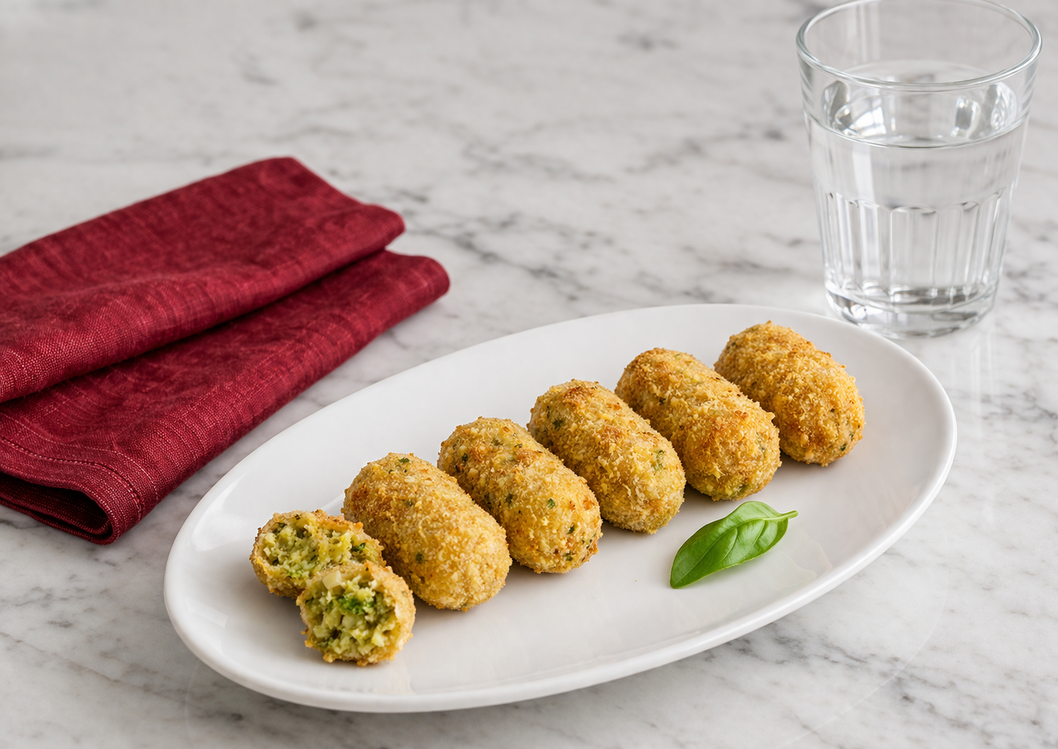 Crocchette di verdure al forno disposte in fila su piatto di porcellana bianca con tovagliolo rosso e bicchiere d’acqua su tavolo di marmo
