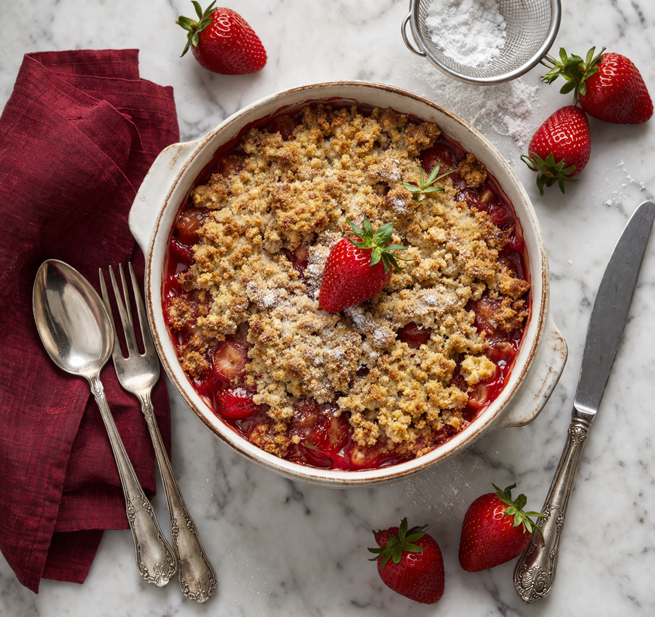Crumble di fragole in pirofila rotonda da forno con fragole fresche e zucchero a velo su tavolo in marmo bianco con tovagliolo rosso e posate
