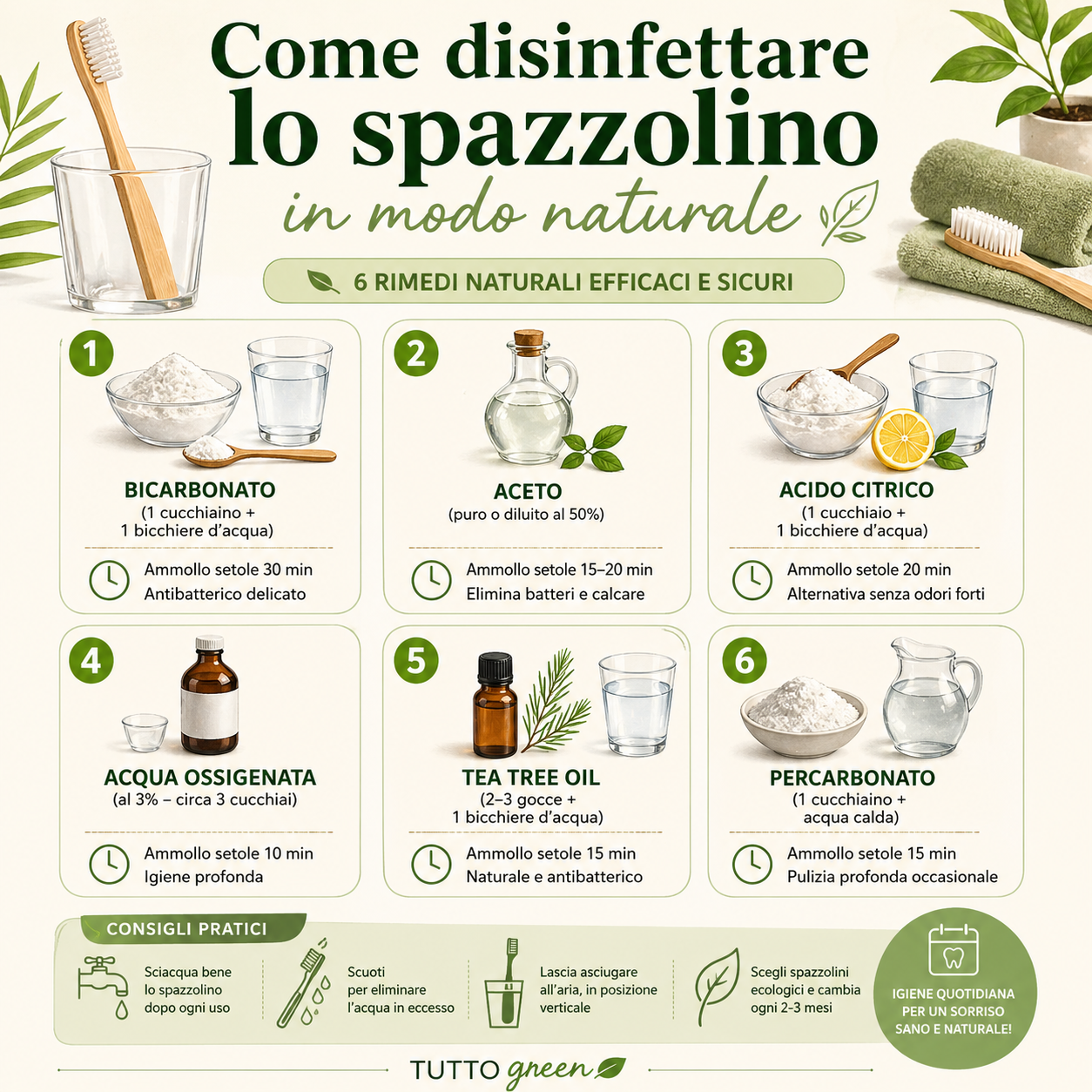 Infografica su come disinfettare lo spazzolino in modo naturale con bicarbonato, aceto, acido citrico e altri rimedi