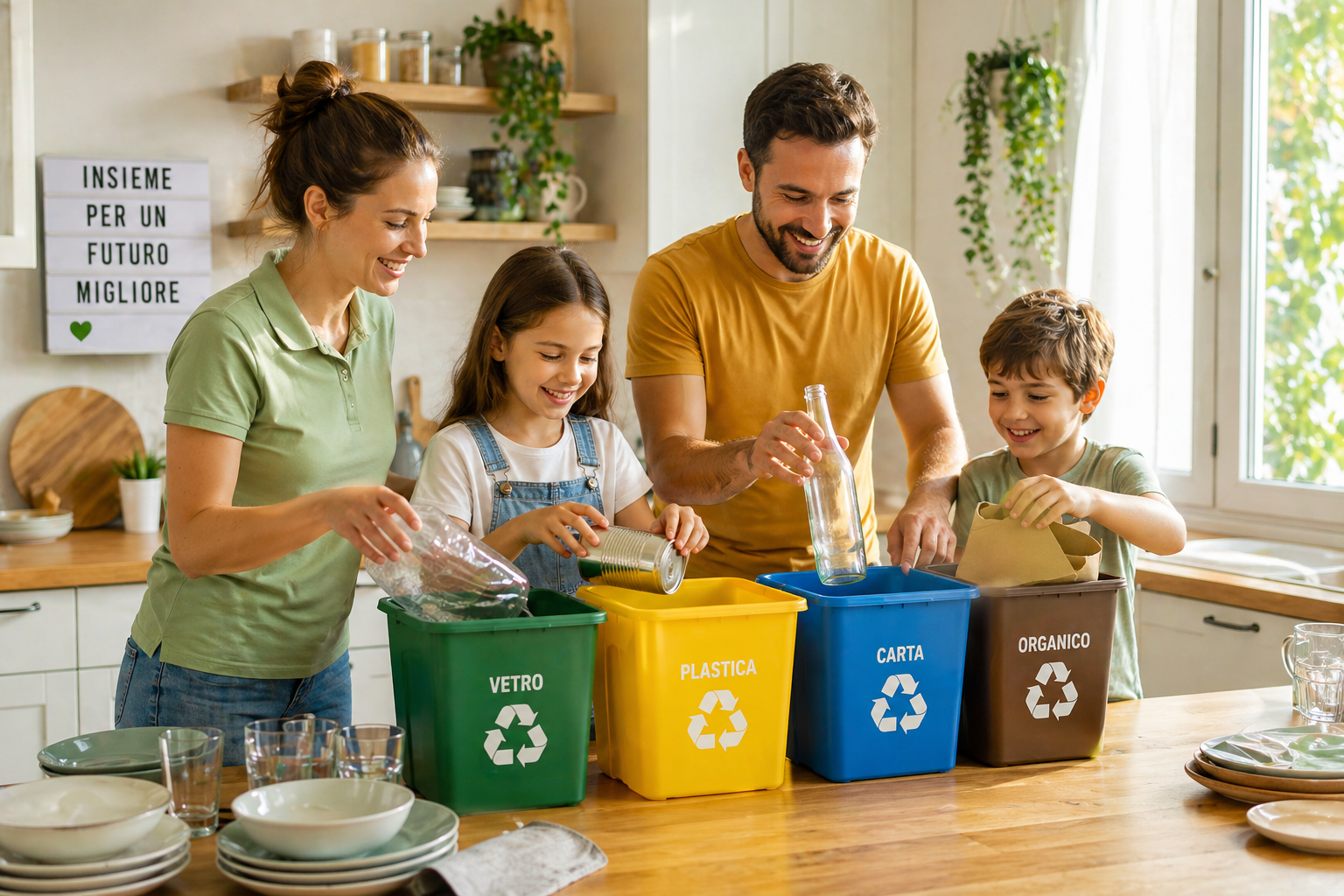 Famiglia che fa la raccolta differenziata in cucina separando plastica, vetro, carta e organico dopo aver sparecchiato