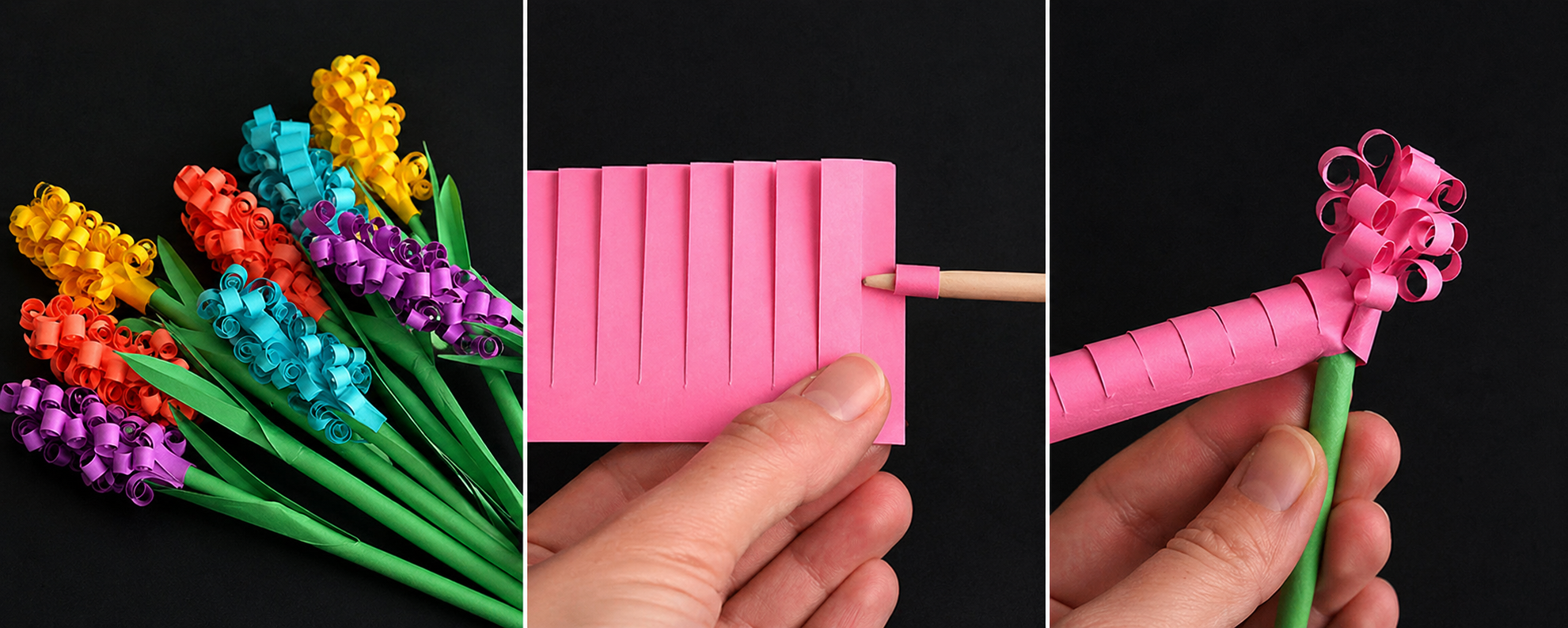 Tutorial fai da te per creare fiori di carta con cartoncino rosa, passaggi passo passo su sfondo nero, idea regalo creativa per la Festa della Mamma