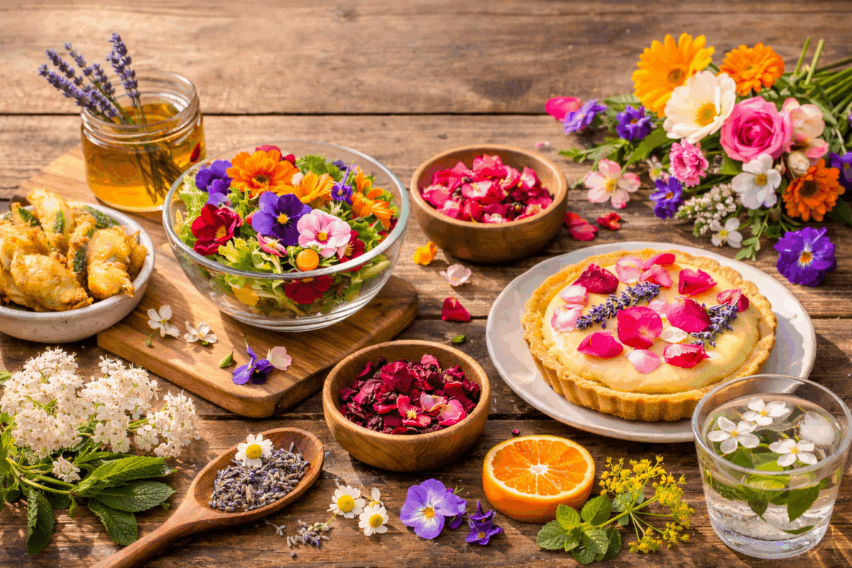 Insalata colorata con fiori commestibili, dolci decorati con petali e bevande aromatiche su tavolo in legno illuminato dal sole