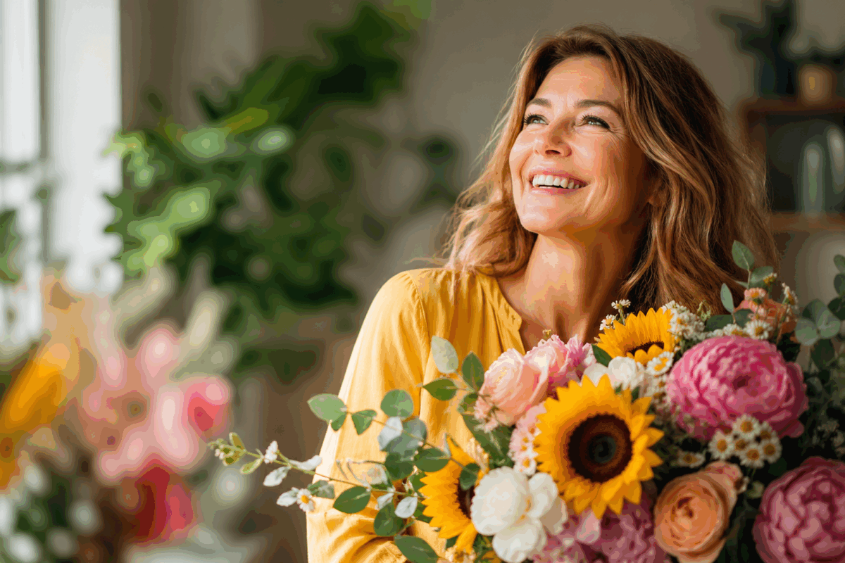 Donna sorridente con bouquet di fiori colorati (girasoli, rose e peonie) illuminata da luce naturale per la Festa della Mamma
