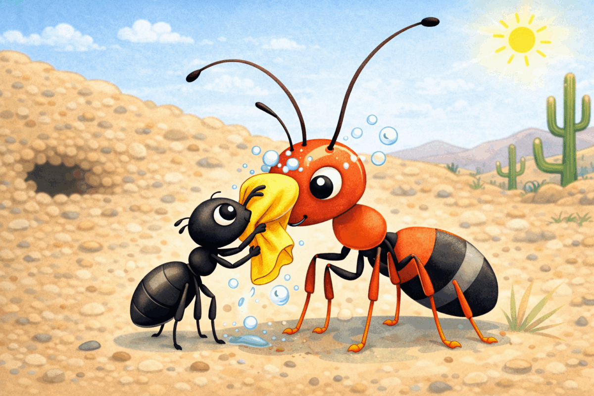 Illustrazione di una formica rossa nel deserto mentre viene pulita con cura da una formica più piccola nera