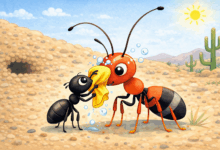 Illustrazione di una formica rossa nel deserto mentre viene pulita con cura da una formica più piccola nera