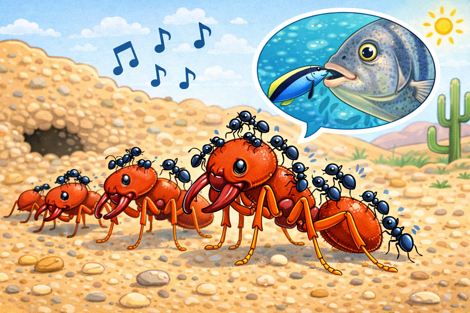 Illustrazione colorata di formiche nel deserto: grandi formiche rosse vengono pulite da formiche più piccole in una scena divertente ispirata all'auto-lavaggio