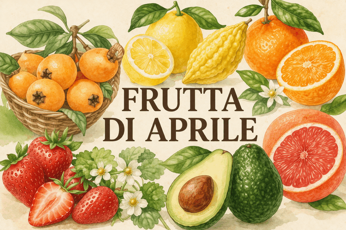 Illustrazione della frutta di stagione di aprile con fragole, nespole, limoni, arance, pompelmo e avocado su sfondo chiaro in stile acquerello