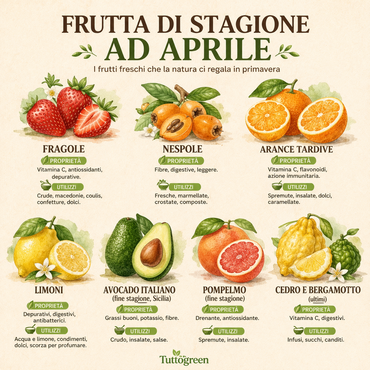 Infografica della frutta di stagione ad aprile con fragole, nespole, arance tardive, limoni, avocado italiano, pompelmo, cedro e bergamotto con proprietà e utilizzi.